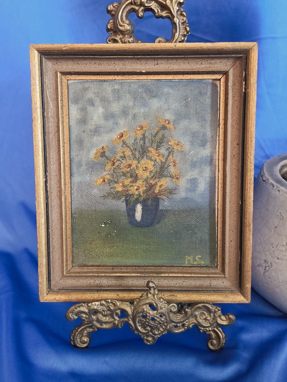 SMALL FRAMED MOODY HAND-PAINTED OIL STILL LIFE SUNFLOWERS SIGNED 4" X 5"